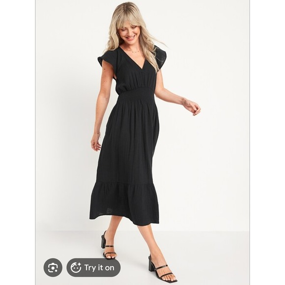 Old Navy Dresses & Skirts - Old Navy Ruffle Chiffon Black Midi Dress Small Cotton Lined 753125 NWT